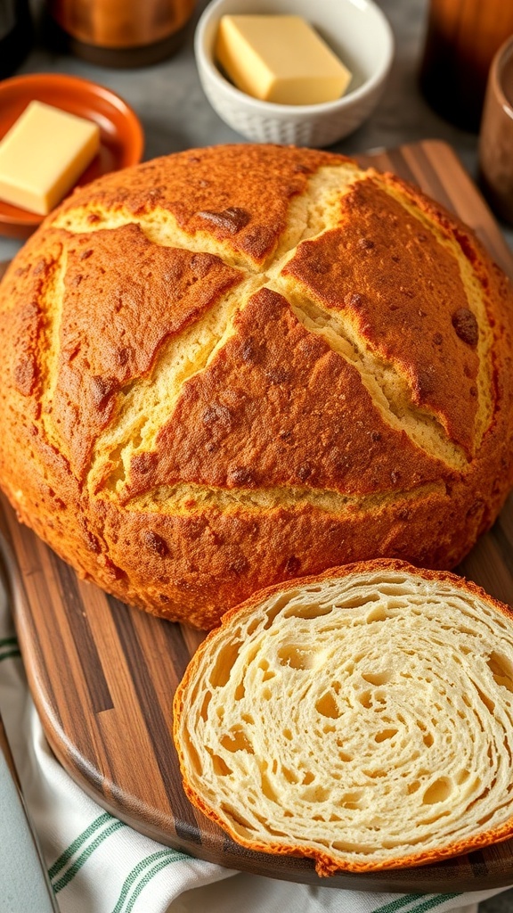 A round loaf of Irish soda bread with a cross on top, sliced to show the fluffy interior, on a wooden board with butter.